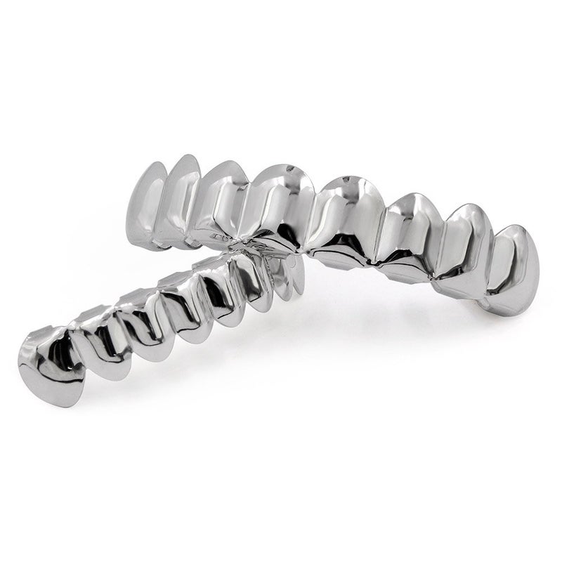 JINAO Silver Grill 18K Gold Plated Gold Finish 8 Top Teeth 8 Bottom Tooth grillz Hip Hop Mouth Grills for Men Women (Silver Set) - Image 2